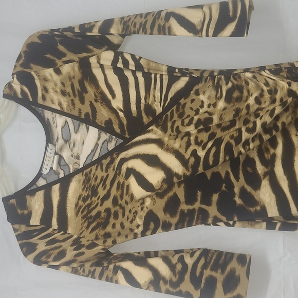 Jungle Animal Print Midi Dress Tan Black stretch 3/4 long sleeve v neck Rouched - Picture 3 of 11